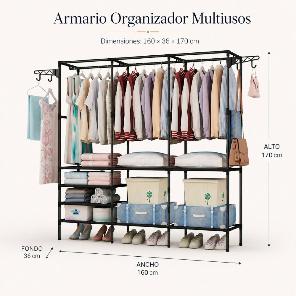 Closet Organizador De Tubos 3 Cuerpos Armable Para Ropa Armario Con Perchero