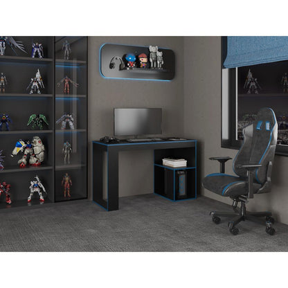 Escritorio Gamer Astana, Wengue y Azul, con dos entrepaños y amplia superficie