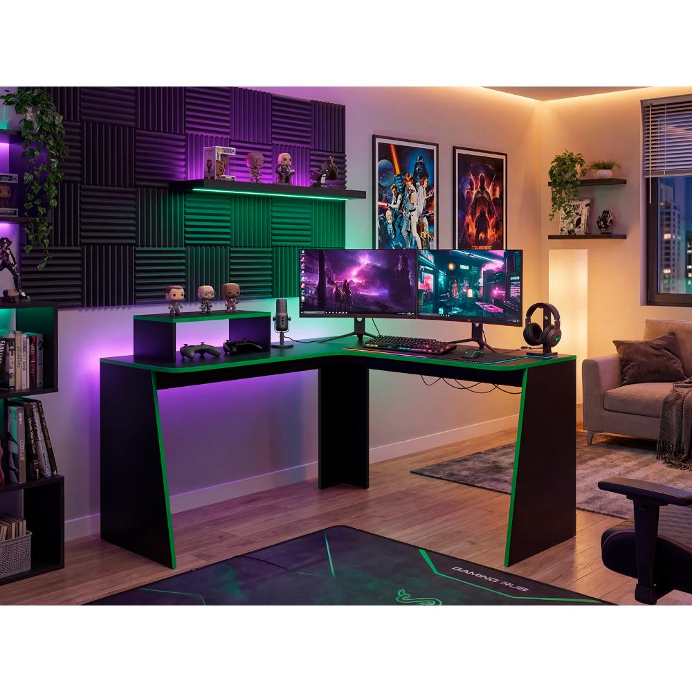 Escritorio Gamer en L Toki, Verde y Wengue, con Amplio Espacio para PC