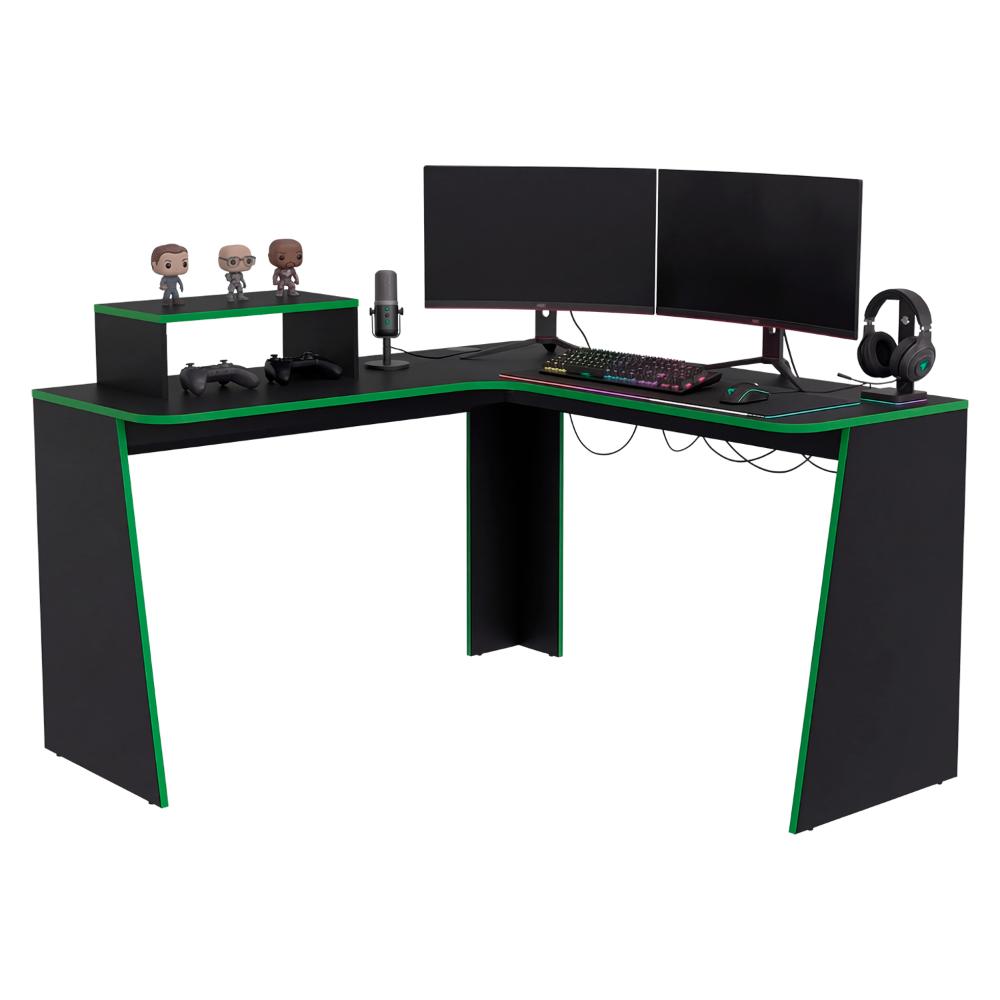 Escritorio Gamer en L Toki, Verde y Wengue, con Amplio Espacio para PC