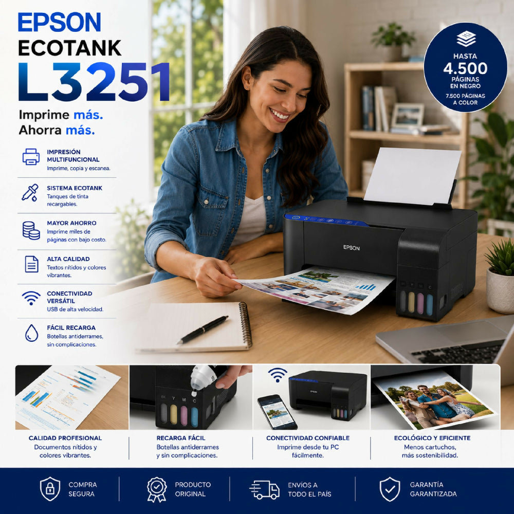 Impresora Epson EcoTank L3251 Multifuncional Wi-Fi Sistema Continuo