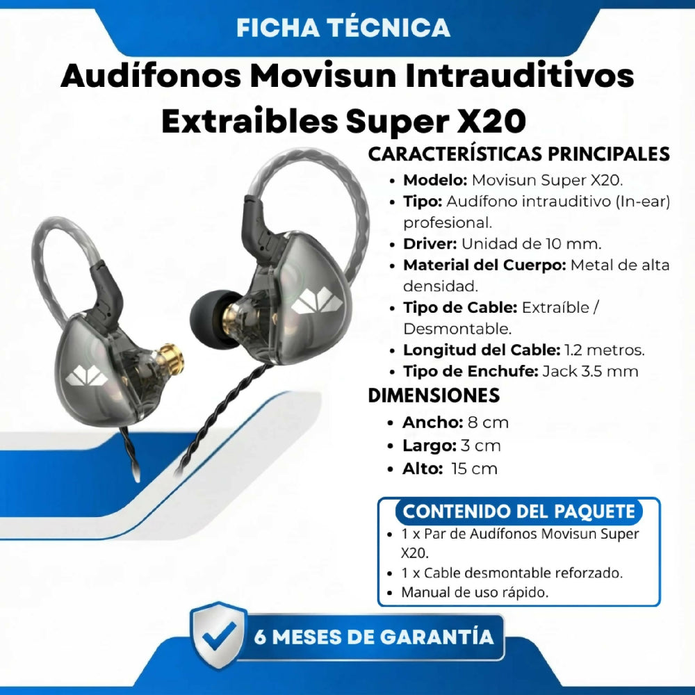Audífonos Movisun Super X20 Intrauditivos Con Cable Extraíble Sonido Hi-Fi De Alta Resolución