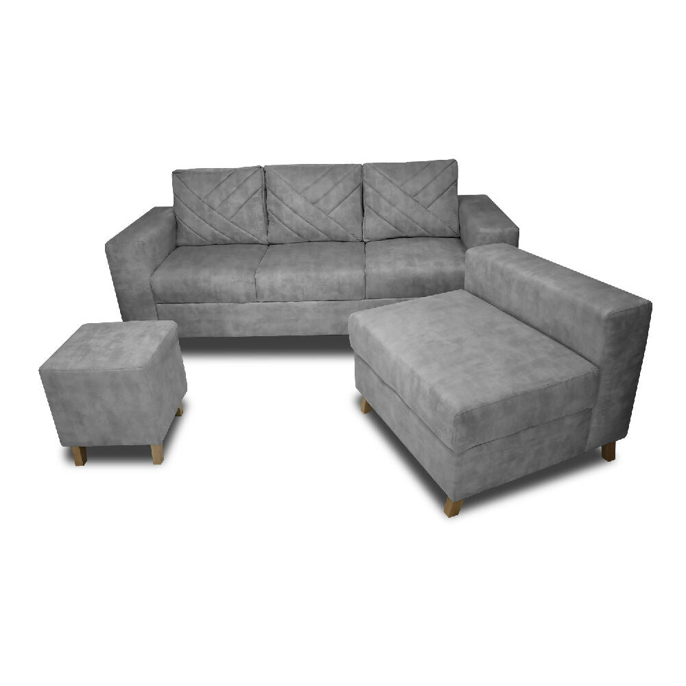 Sala Amsterdam + Silla + Puff en Tela Amiglable Con Mascotas 205X72X155 Cm Gris