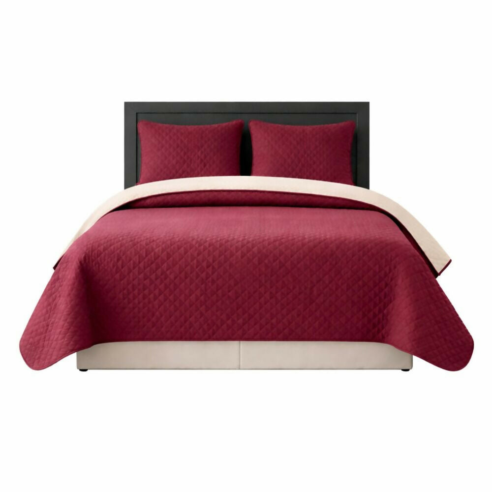 Colcha sencilla doble faz vino tinto camel