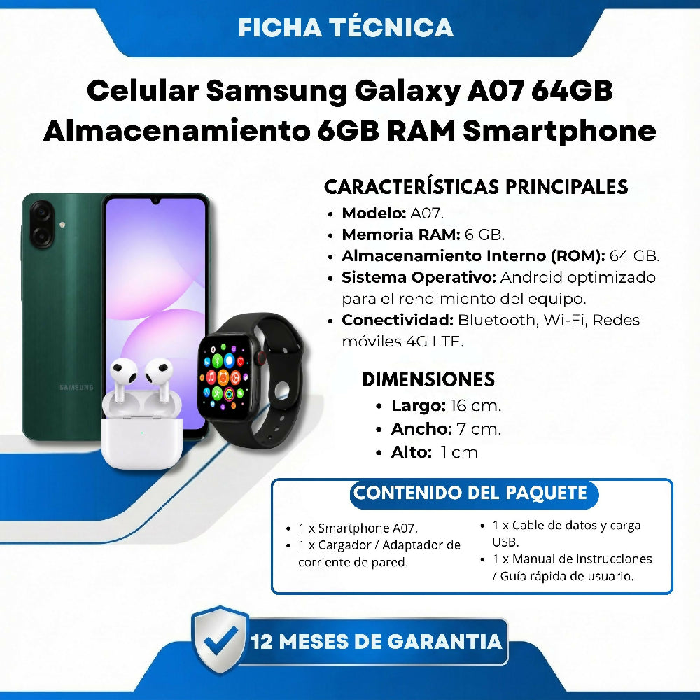 Celular A07 64GB Batería Larga Duración + Obsequio Audífonos Y Smartwatch Verde