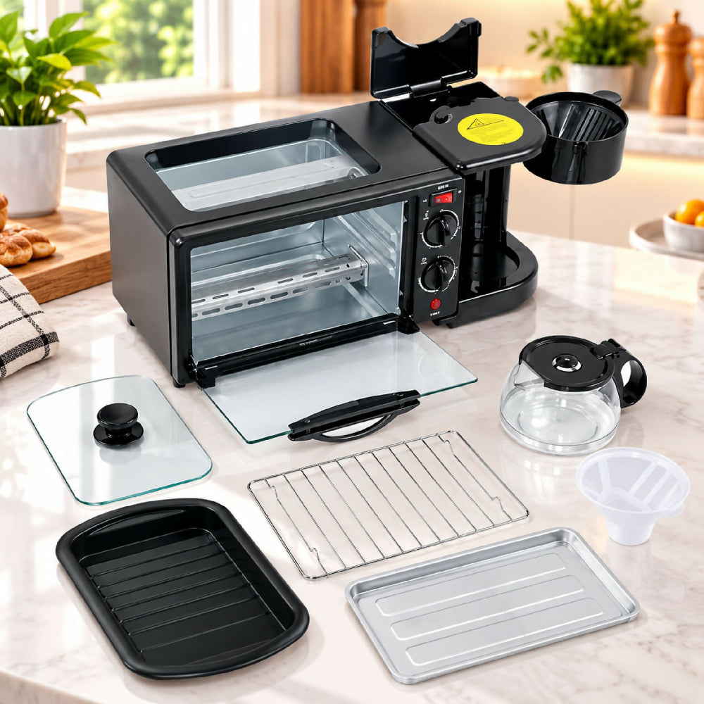 Mini Horno Eléctrico 3 En 1 Sokany Estación De Desayuno Con Horno, Cafetera Y Plancha
