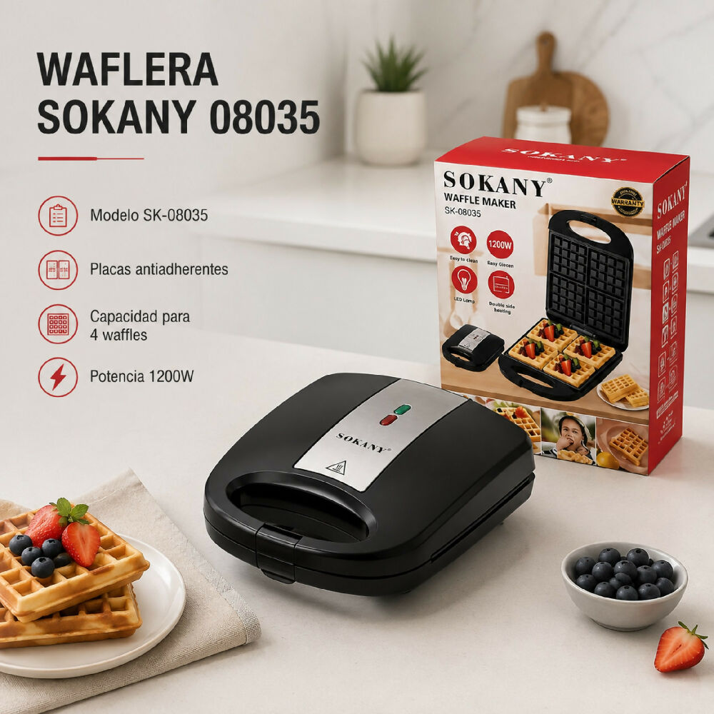 Waflera Eléctrica Sokany 08035 De 1200W Para El Hogar Maquina Para Hacer Wafles