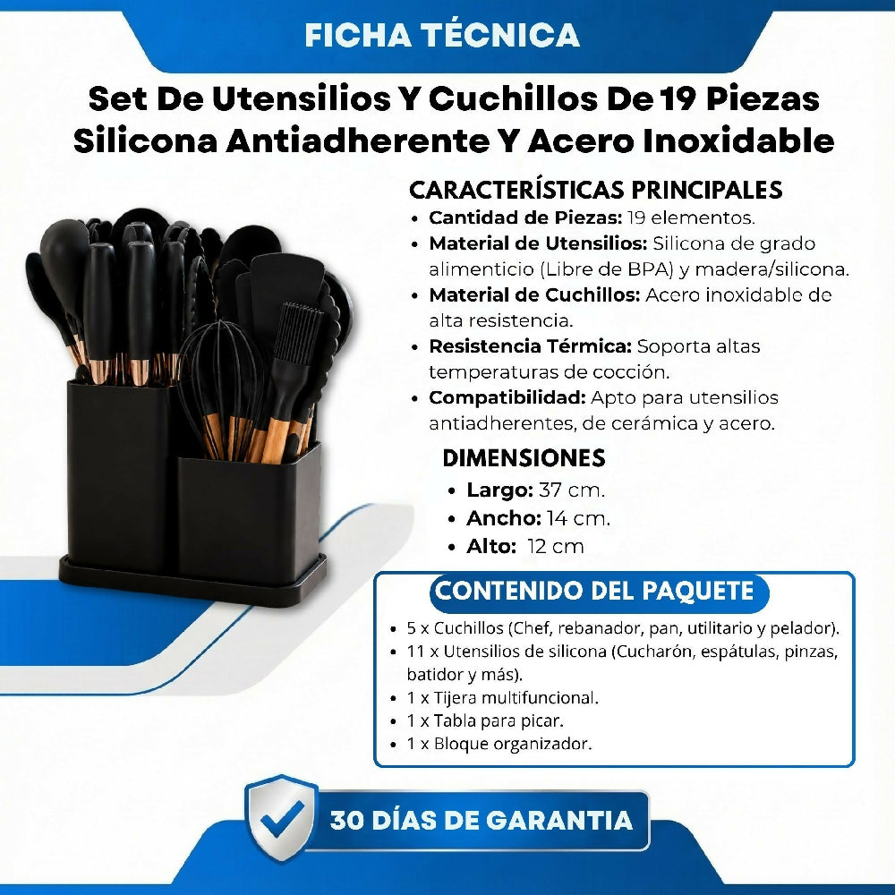 Set De Utensilios Y Cuchillos De 19 Piezas Silicona Antiadherente Y Acero Inoxidable Negro