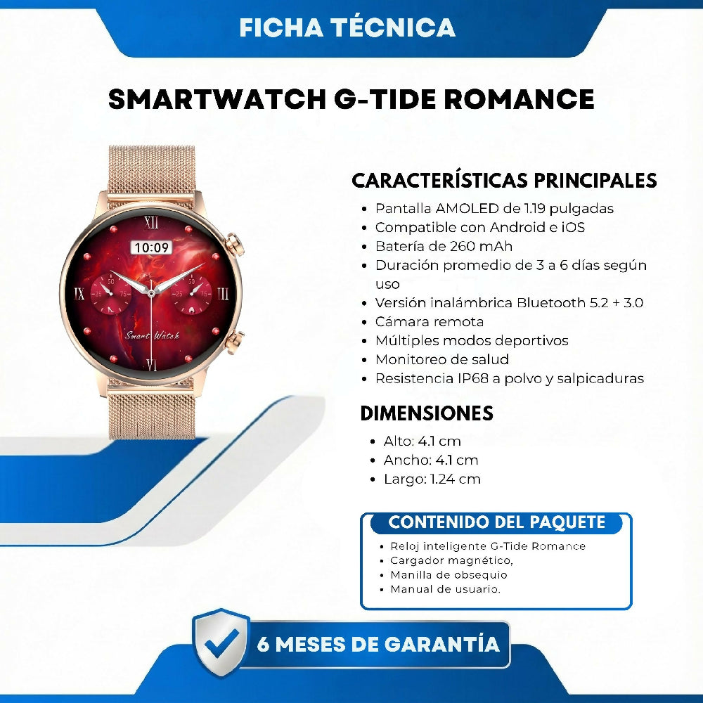 Smartwatch G-Tide Romance Reloj Inteligente Con Llamadas Bluetooth, Monitor De Salud Y Diseño Elegante