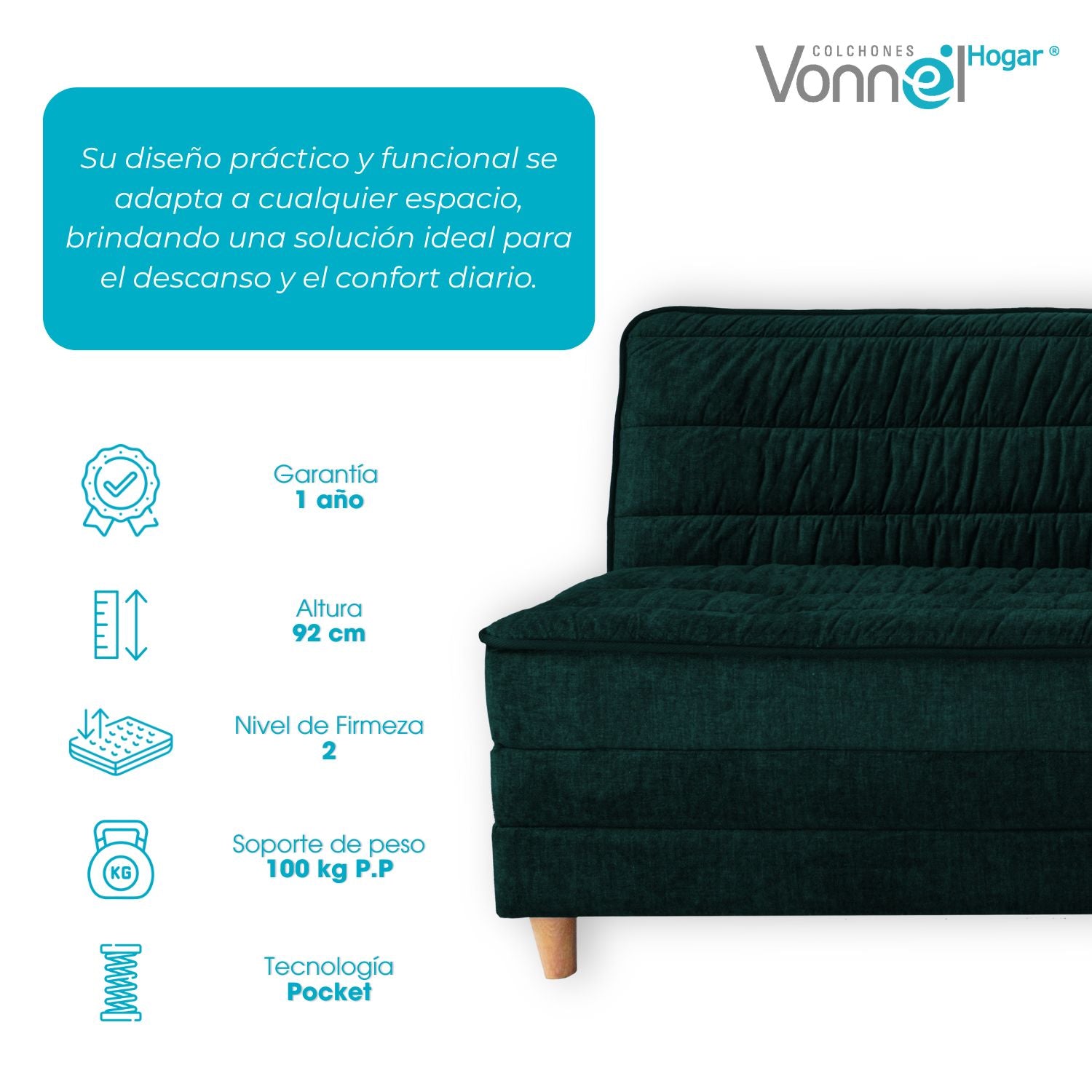 Sofá Cama Europeo Marca Vonnel (120X180 Cm) Esmeralda