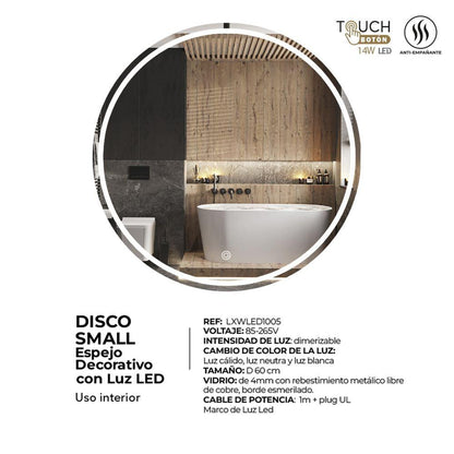 Espejo Disco Small, Redondo Con  Luz Led