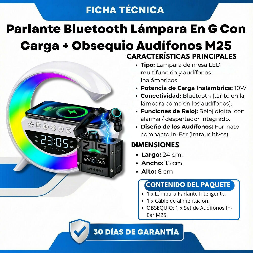 Parlante Bluetooth Lámpara En G Con Carga + Obsequio Audífonos M25