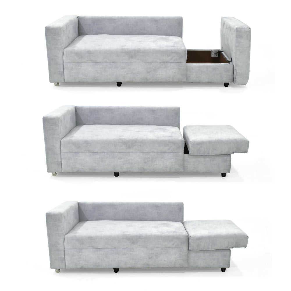Sala con sofa Cama Baul Baxter Plata + Poltrona Shanghai Mostaza y Mesa Leeds