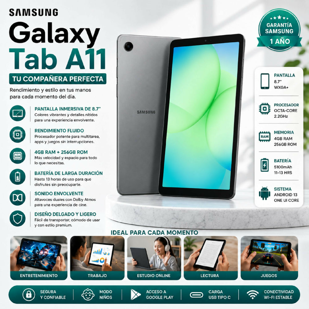 Tablet Samsung Galaxy Tab A11+ Wi-Fi 11 Pulgadas 256GB Almacenamiento 8GB RAM Gris