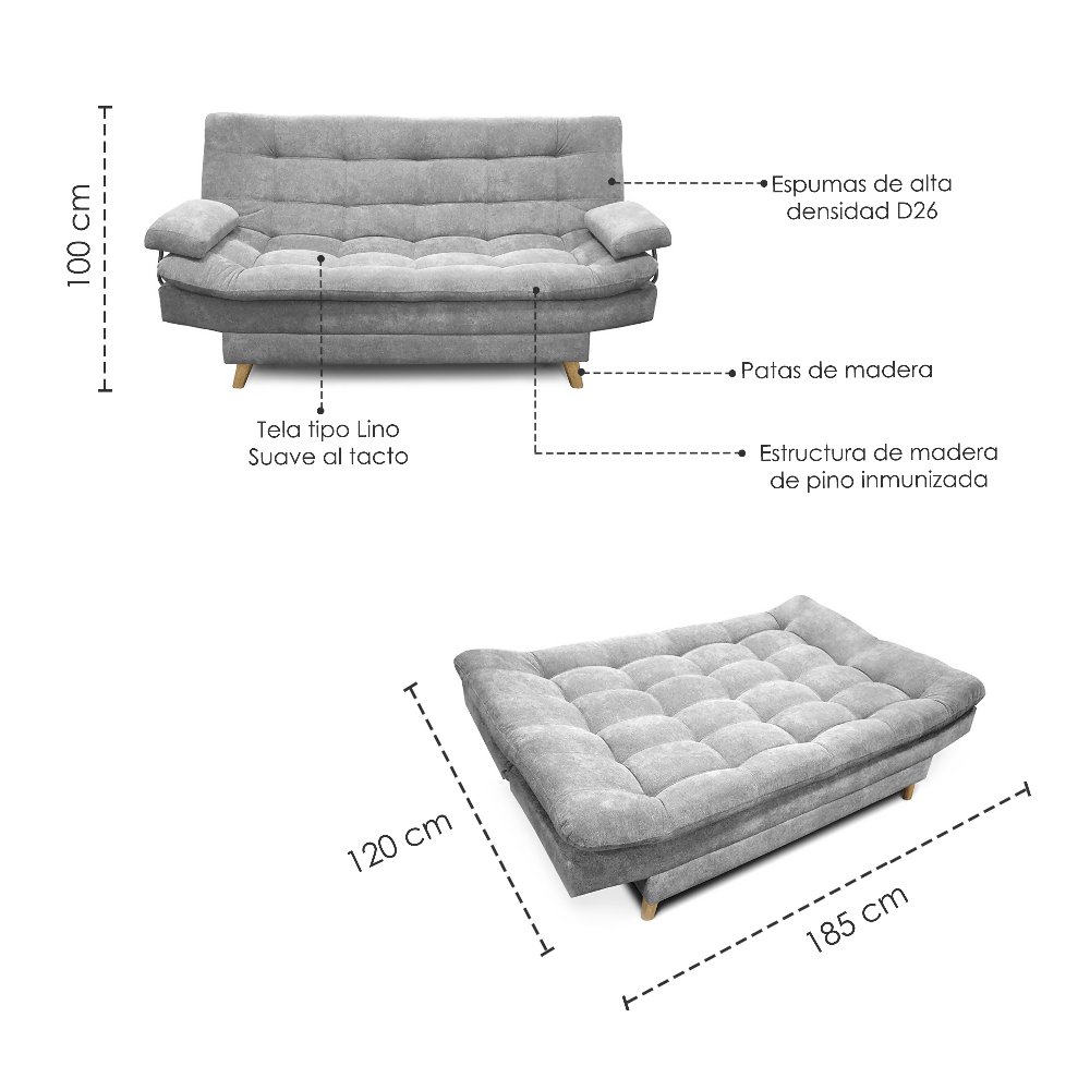 Sofa cama 3 posiciones Carvallo Lux Clic Clac Tela Gris