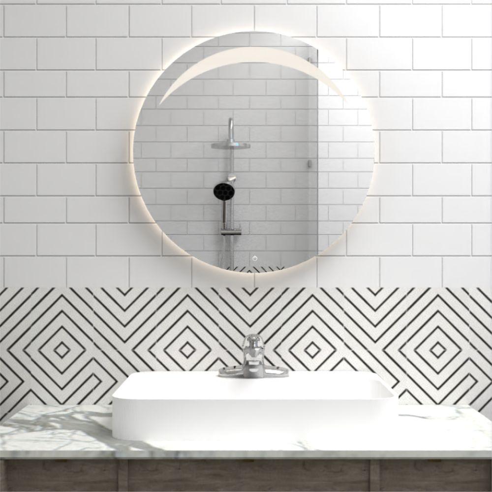 Espejo Bombay led+touch, En Forma redonda con diseño en Sandblasting en la parte superior - VIRTUAL MUEBLES