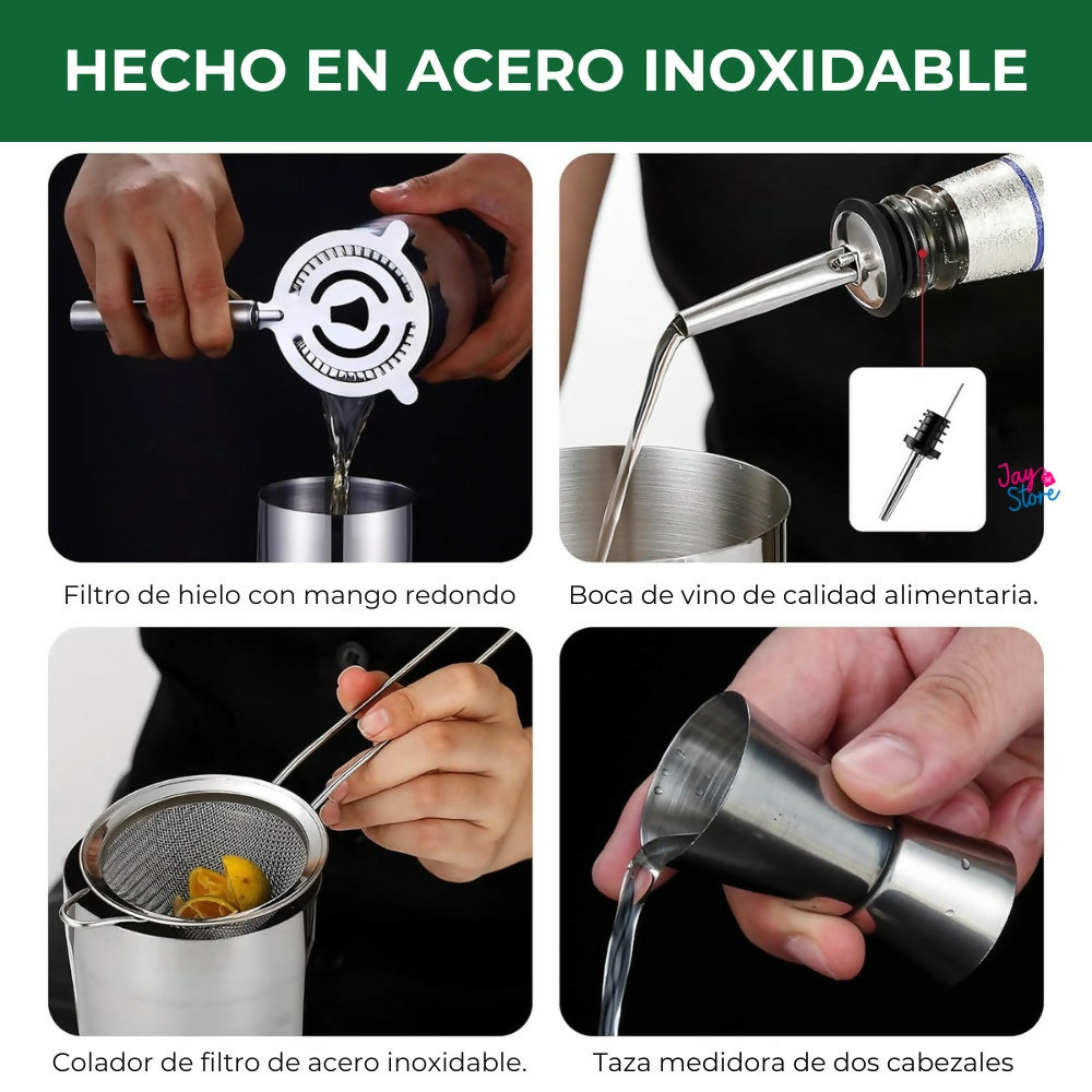 Kit Bartender Coctelera Bar Profesional Vaso Shaker Con Base