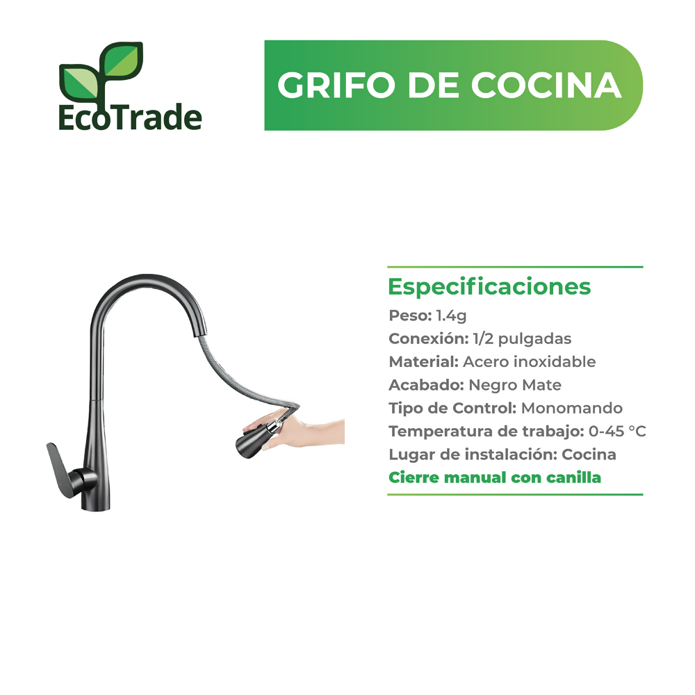 Grifo Cocina Acero Inoxidable Mate Rociador Extensible 360°