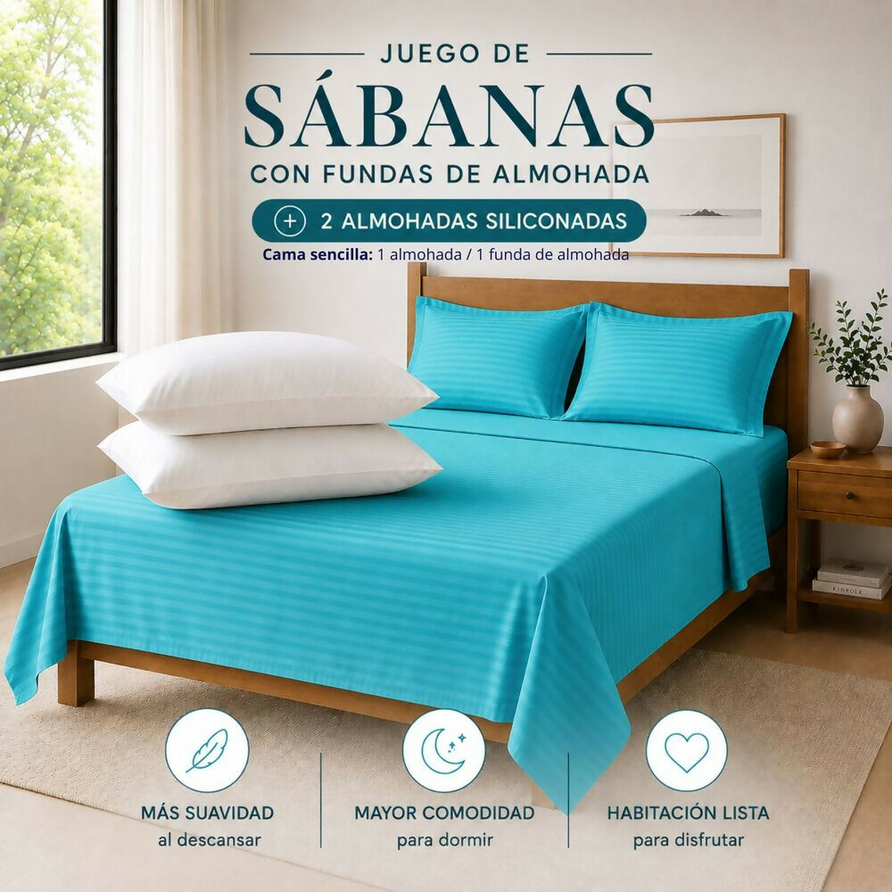 Combo Juego de sábanas + 2 almohadas siliconadas queen turquesa