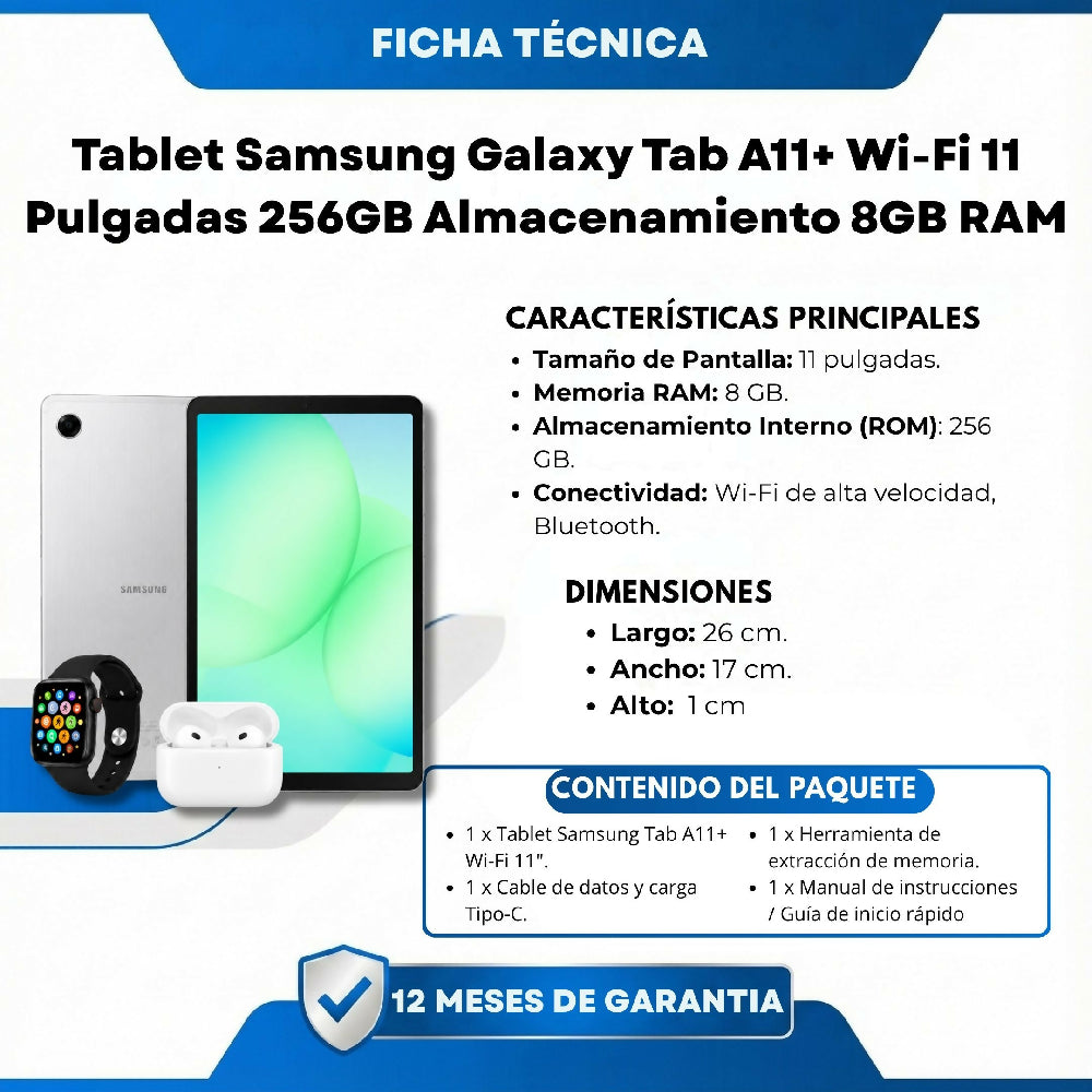 Tablet Samsung Tab A11 8" 128GB 8GB RAM + Obsequio Audífonos Y Smartwatch Gris