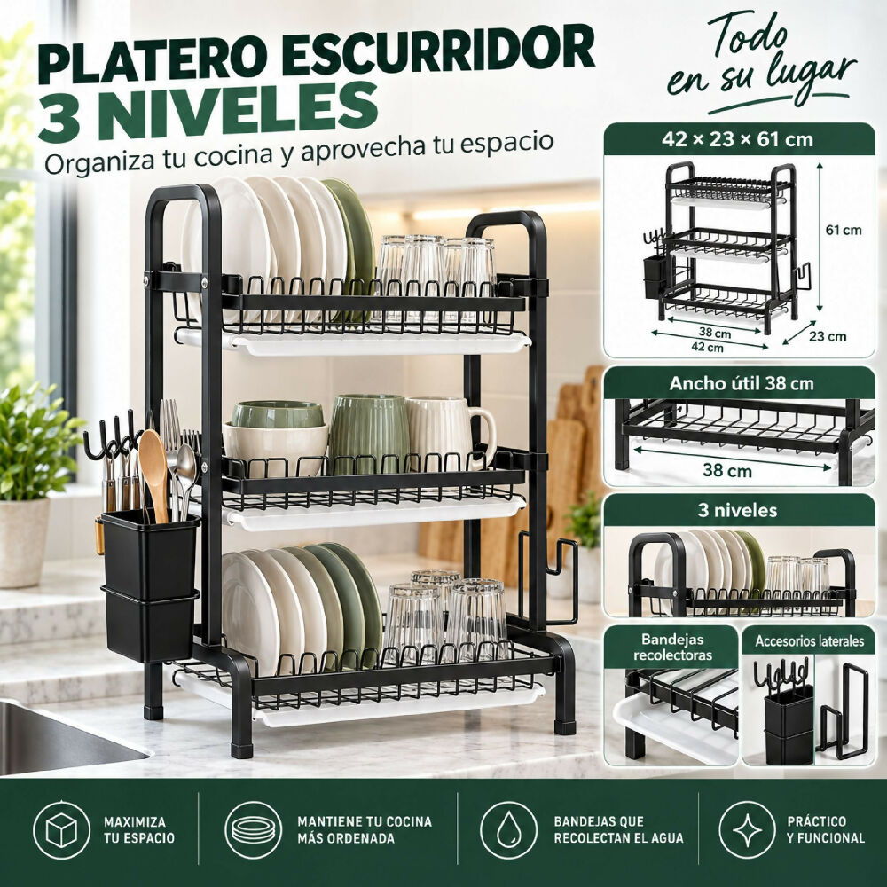 Platero Escurridor Estante Organizador De 3 Niveles Alta Capacidad Y Ahorro De Espacio