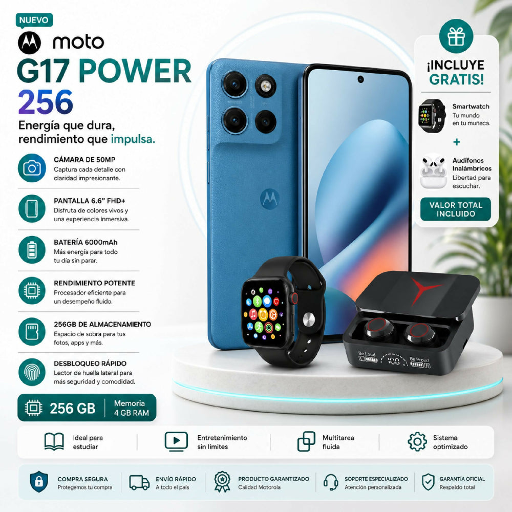 Teléfono Motorola Moto G17 Power 256GB Azul + Kit Regalo Reloj Inteligente Y Audífonos