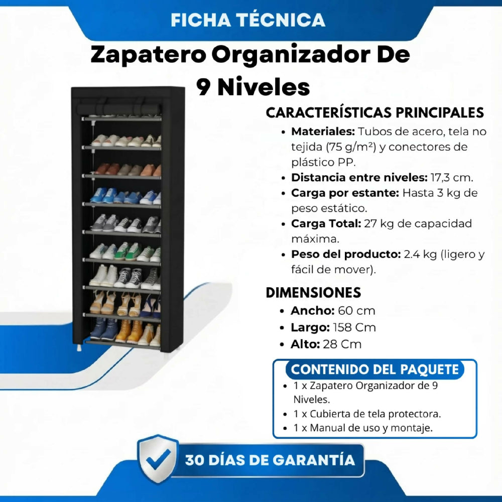 Zapatero Organizador De 9 Niveles Gran Capacidad Para 27 Pares Estante De Calzado Vertical Negro