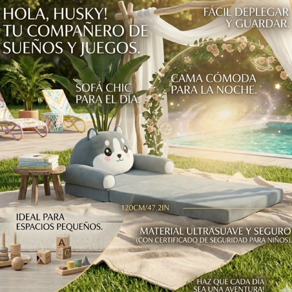 Sofá Cama Plegable Para Niños Diseño Lobo Acolchado Y Cómodo