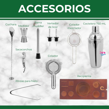 Kit Bartender Coctelera Bar Profesional Vaso Shaker Con Base