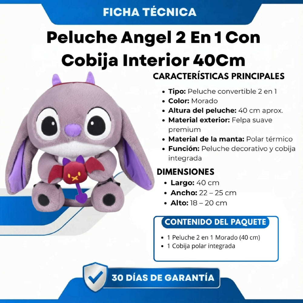 Peluche Angel 2 En 1 Con Cobija Interior 40Cm Suave Ideal Para Regalo