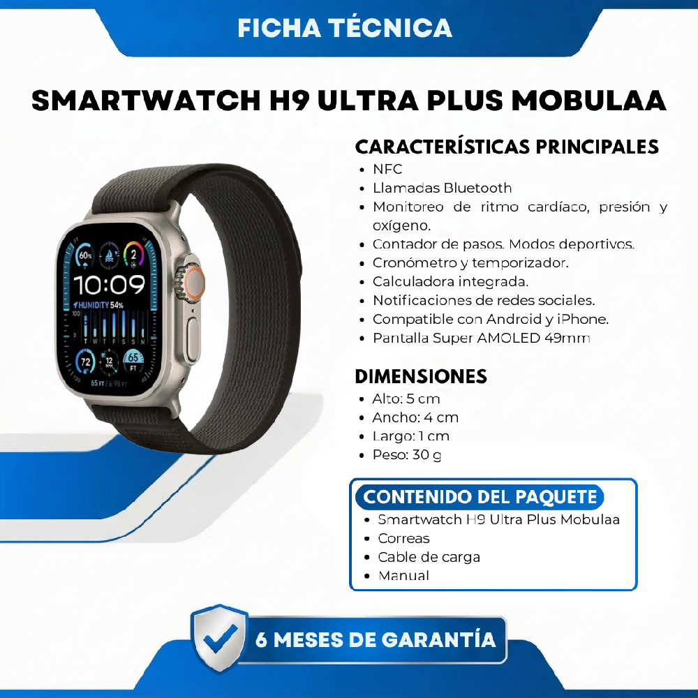 Smartwatch H9 Ultra Plus Mobulaa Bluetooth Reloj Inteligente Tipo Con Pantalla Grande, Llamadas Y Notificaciones