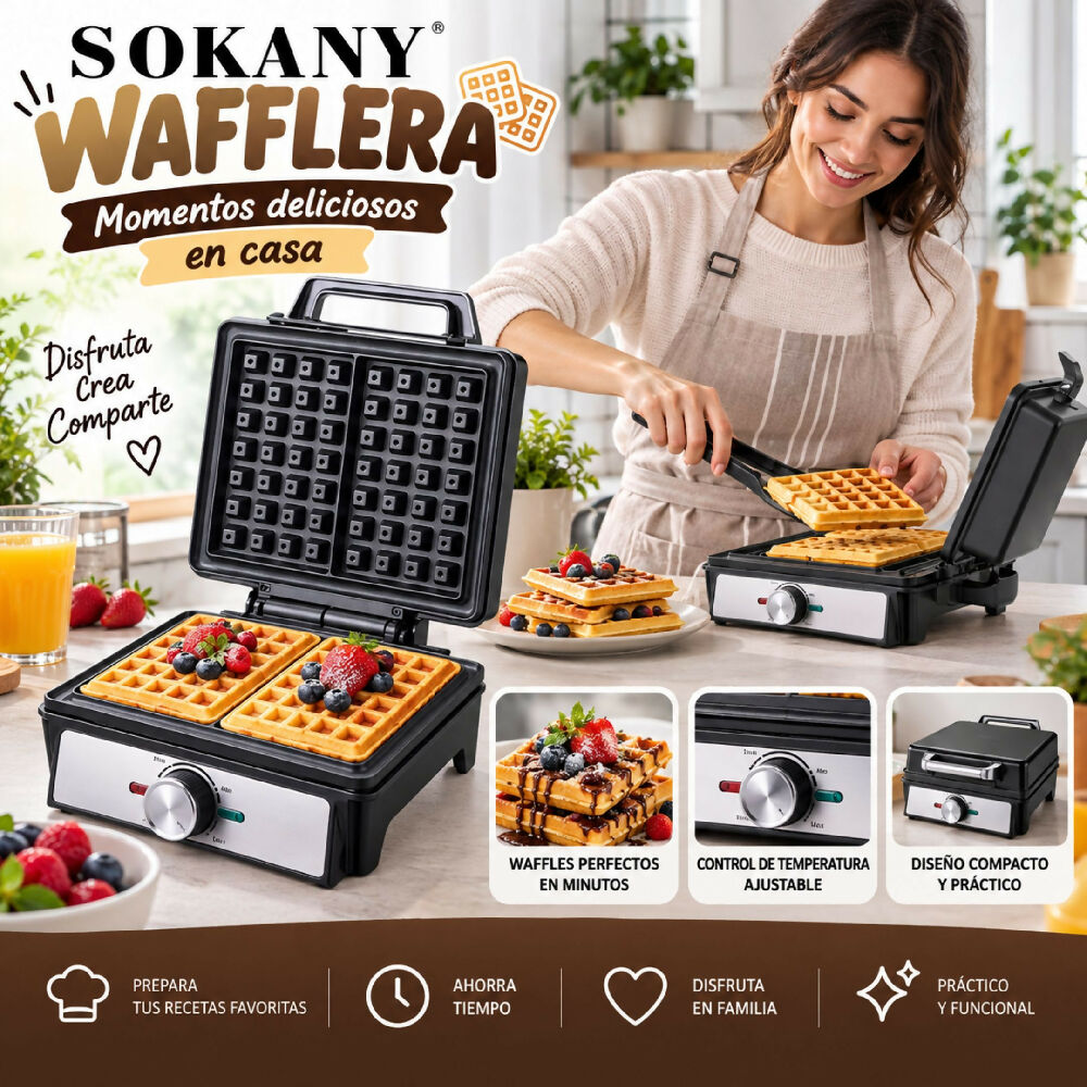 Waflera Eléctrica Doble Sokany SK 08025 Control De Temperatura Y Calentamiento Uniforme