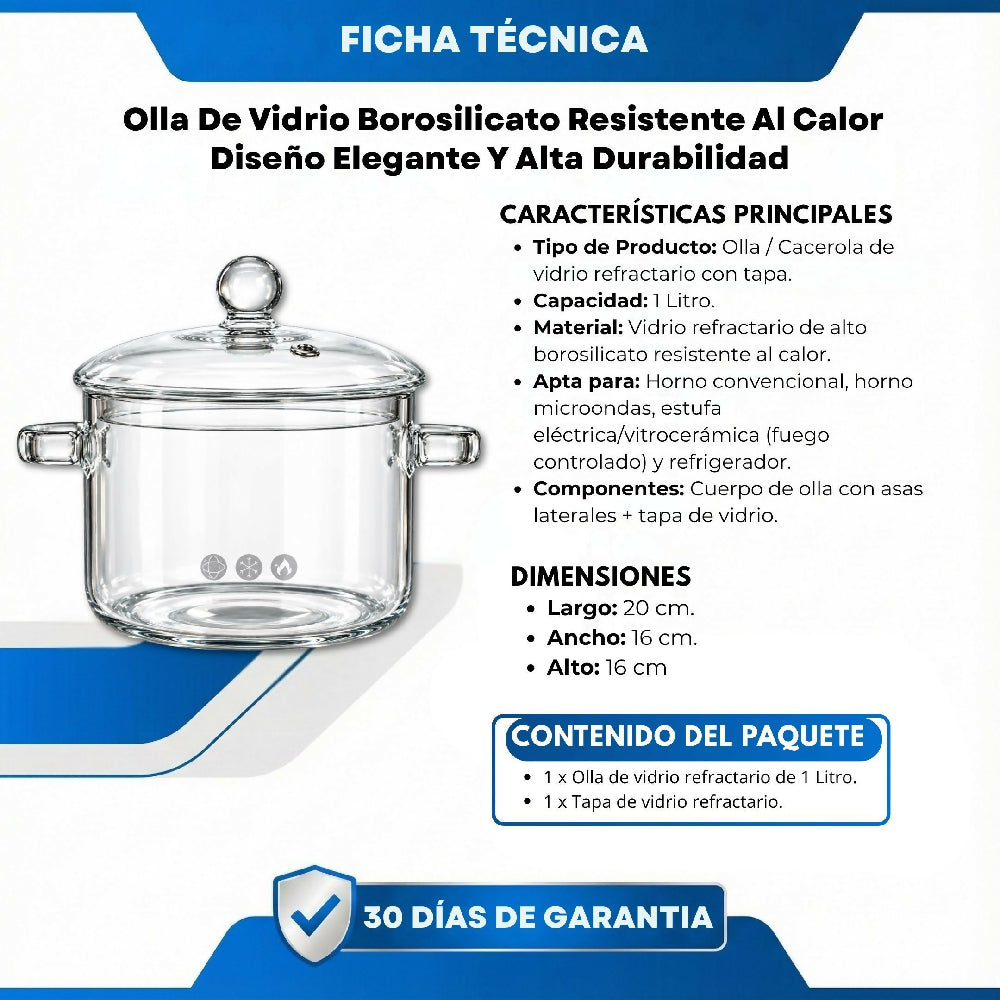 Olla De Vidrio Borosilicato Resistente Al Calor Diseño Elegante Y Alta Durabilidad 