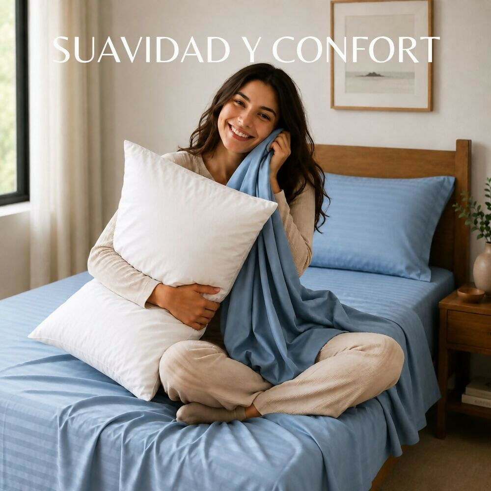 Combo Juego de sábanas + 2 almohadas siliconadas semidoble celeste
