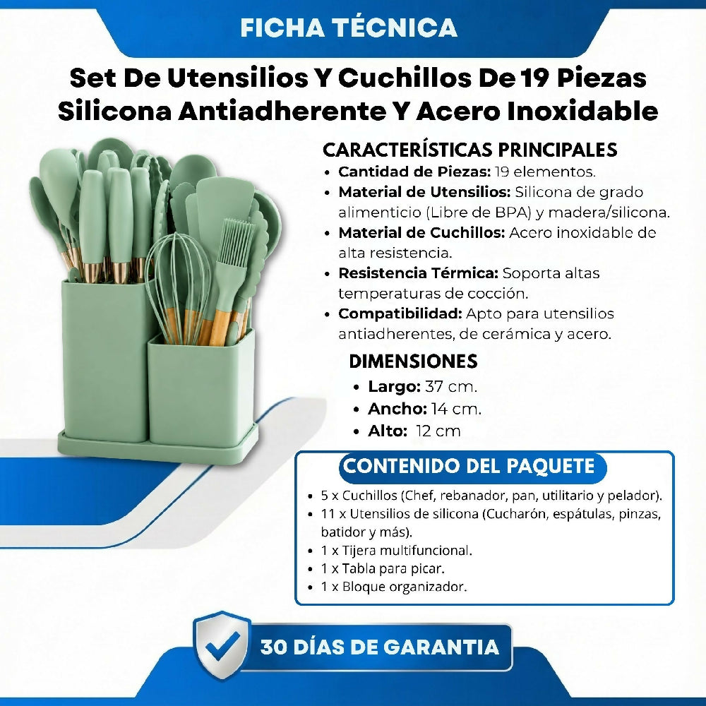Set De Utensilios Y Cuchillos De 19 Piezas Silicona Antiadherente Y Acero Inoxidable Verde