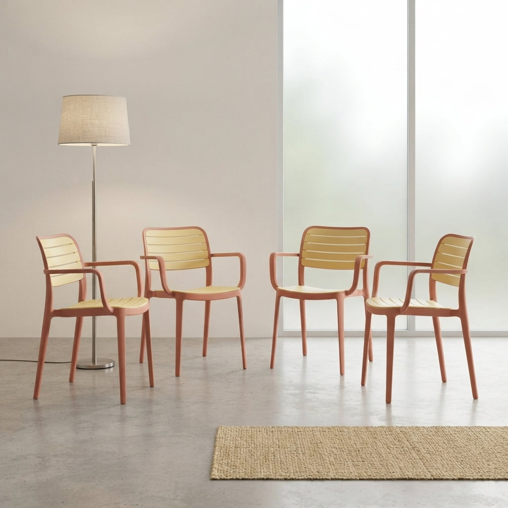 Set de 4 Sillas con Brazos Carolina, Terracota y Beige, y Espaldar de Líneas Horizontales