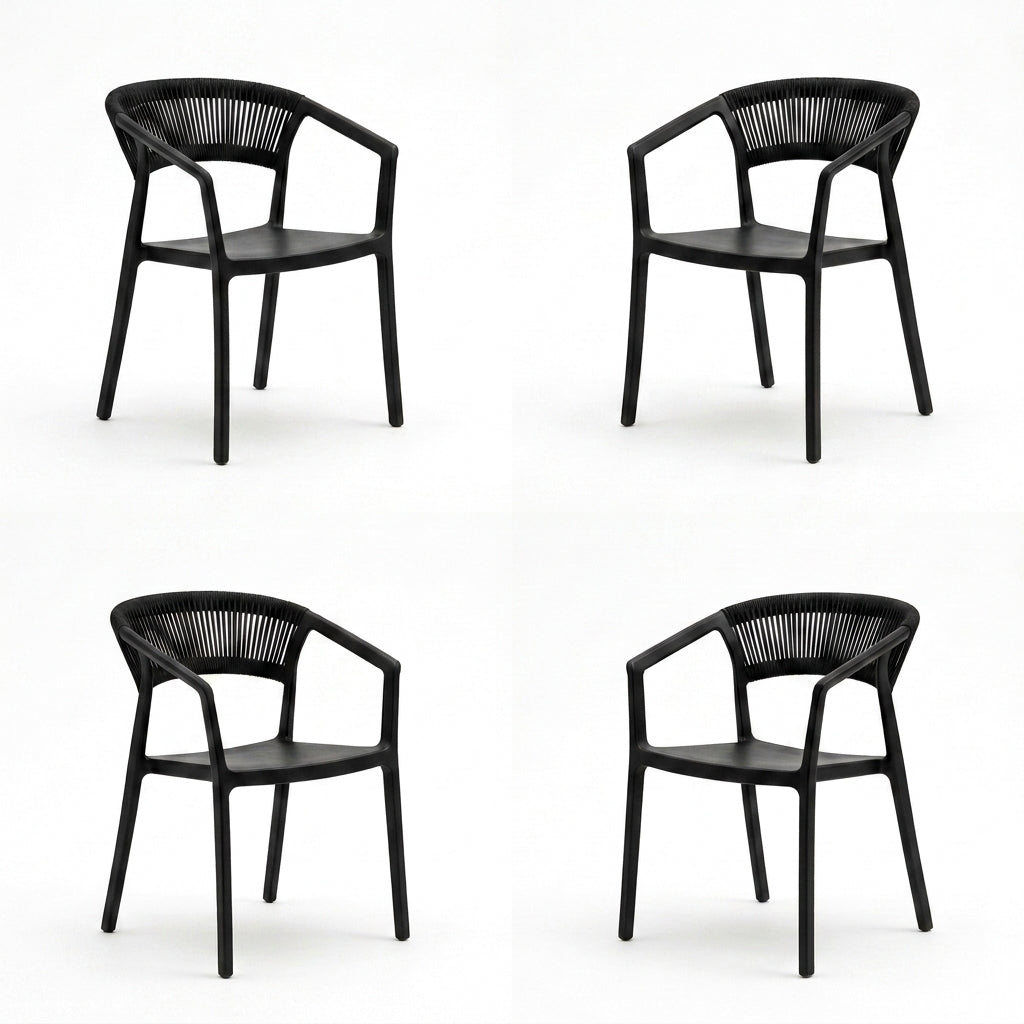 Set de 4 Sillas Balí, Negro, con Espaldar en Cuerdas y Diseño Moderno