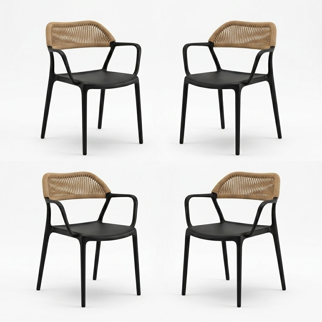 Set de 4 Sillas con Brazos Bombay, Negro y Beige, con Espaldar en Cuerdas y Diseño Moderno