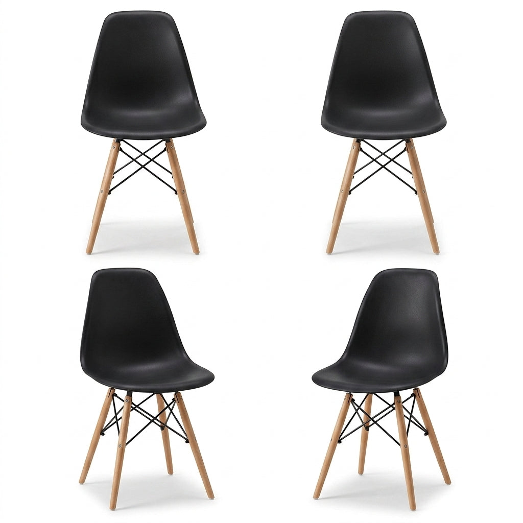 Set de 4 Sillas Eames, Color Negro, con Patas de Madera