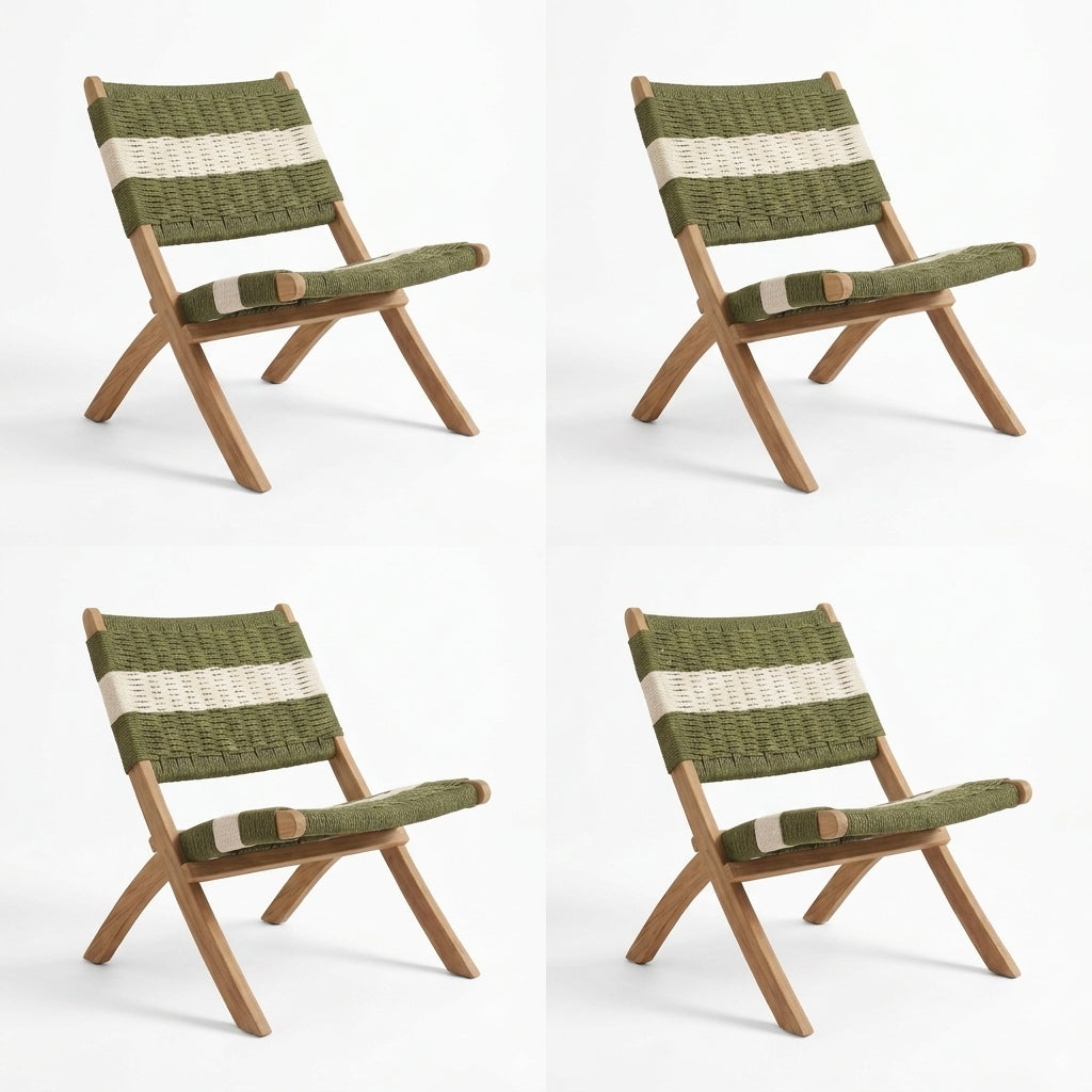Silla Plegable de Madera para Exterior Katy, Verde Olivo y Blanco, Ideal para Dias de Sol X4