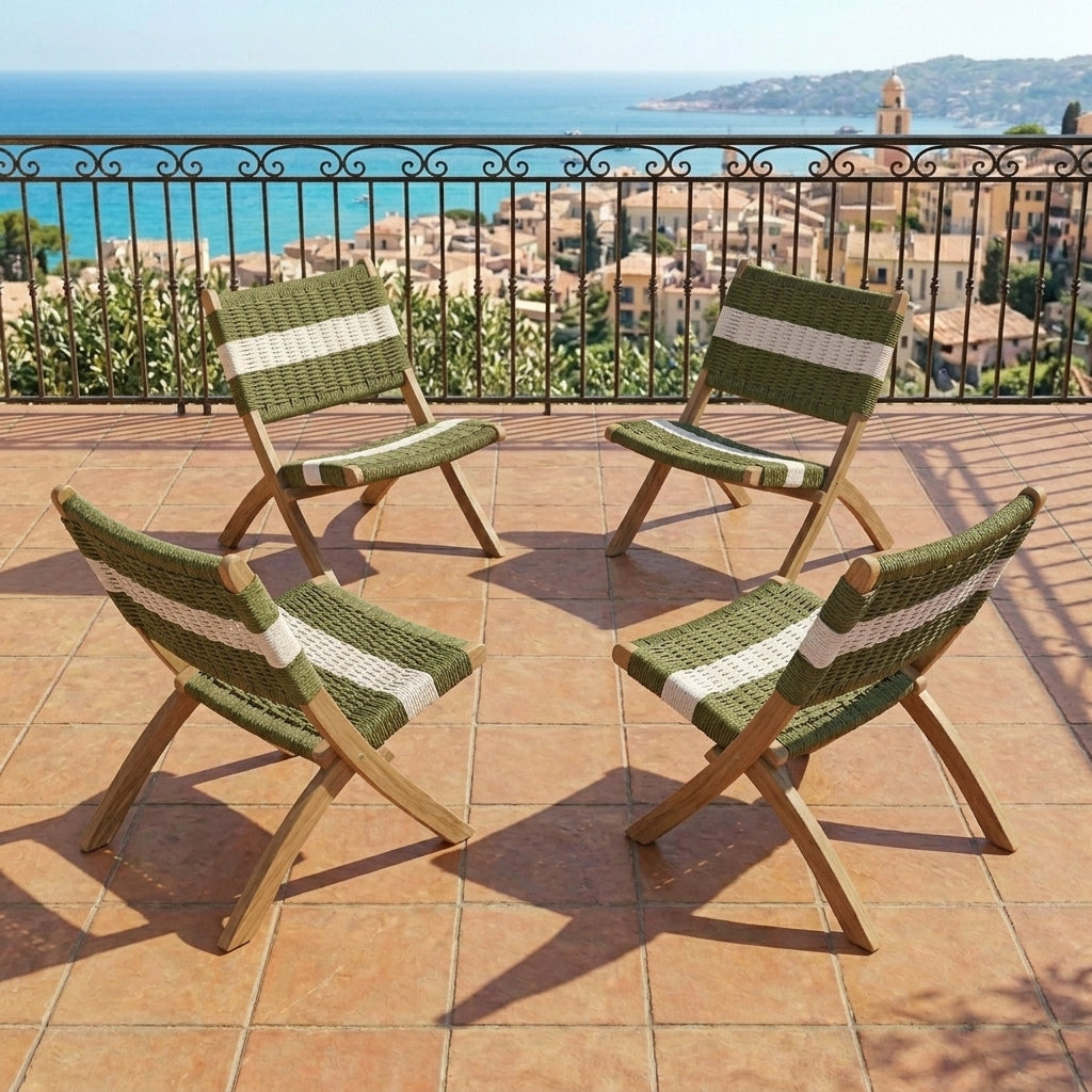 Silla Plegable de Madera para Exterior Katy, Verde Olivo y Blanco, Ideal para Dias de Sol X4