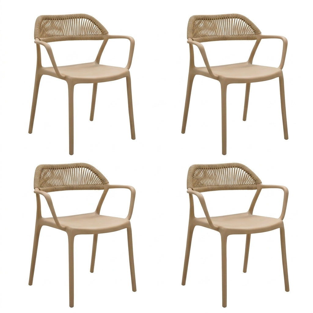 Set de 4 Sillas con Brazos Bombay, Khaki y Beige, con Espaldar en Cuerdas y Diseño Moderno