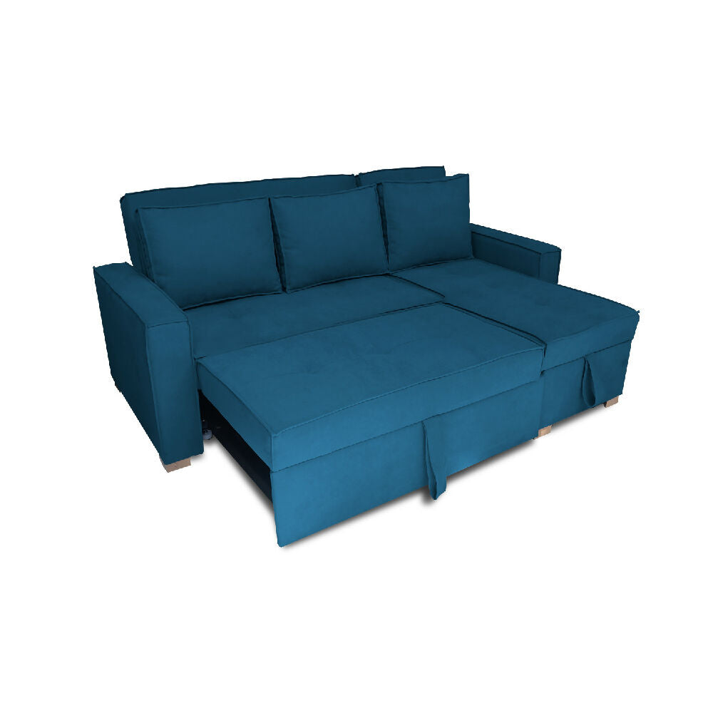 Esquinero Baúl Marsella Multifuncional Reclinable Derecho Azul Petróleo + Cojines Decorativos