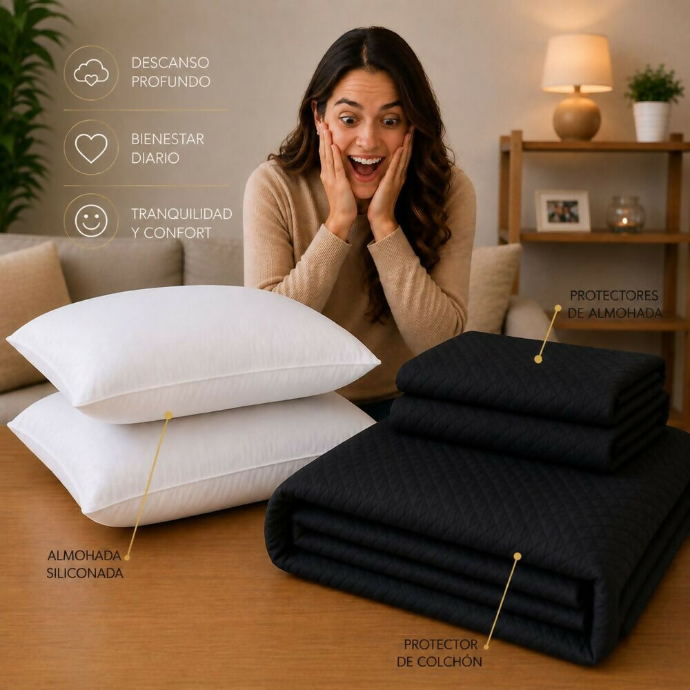 Combo protector colchon + 2 almohadas siliconadas king negro