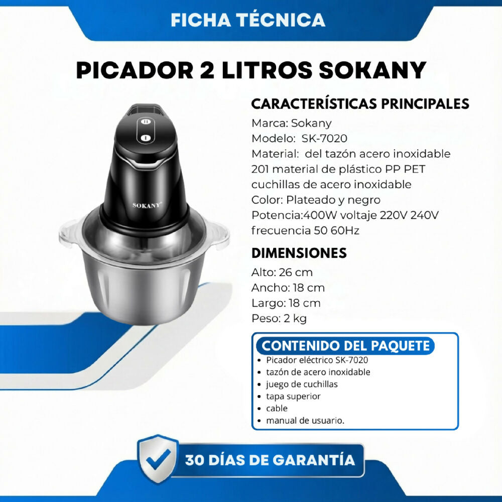 Picador Eléctrico Sokany 2 Litros En Acero Inoxidable Procesador Multifuncional Para Cocina Práctica