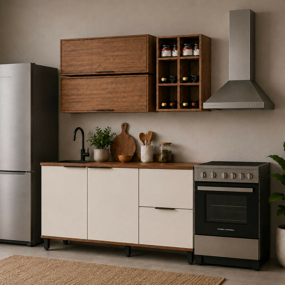 Cocina 120 cm Tahití 4 Puertas 2 Cajones - Natural/Blanco Apagado