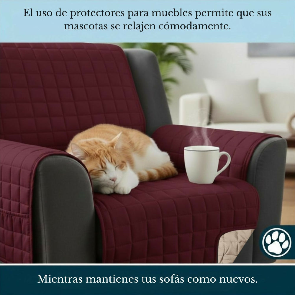 Protector de Sofá 1 Puesto Acolchado Doble Faz Unicolor Vino Tinto y Camel