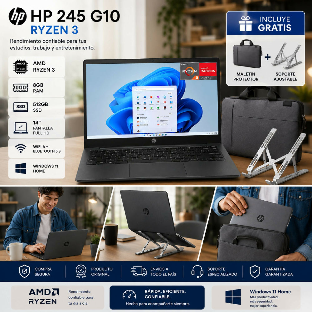 Portátil HP 245 G10 Ryzen 3 Combo Con Maletín Y Soporte Gratis