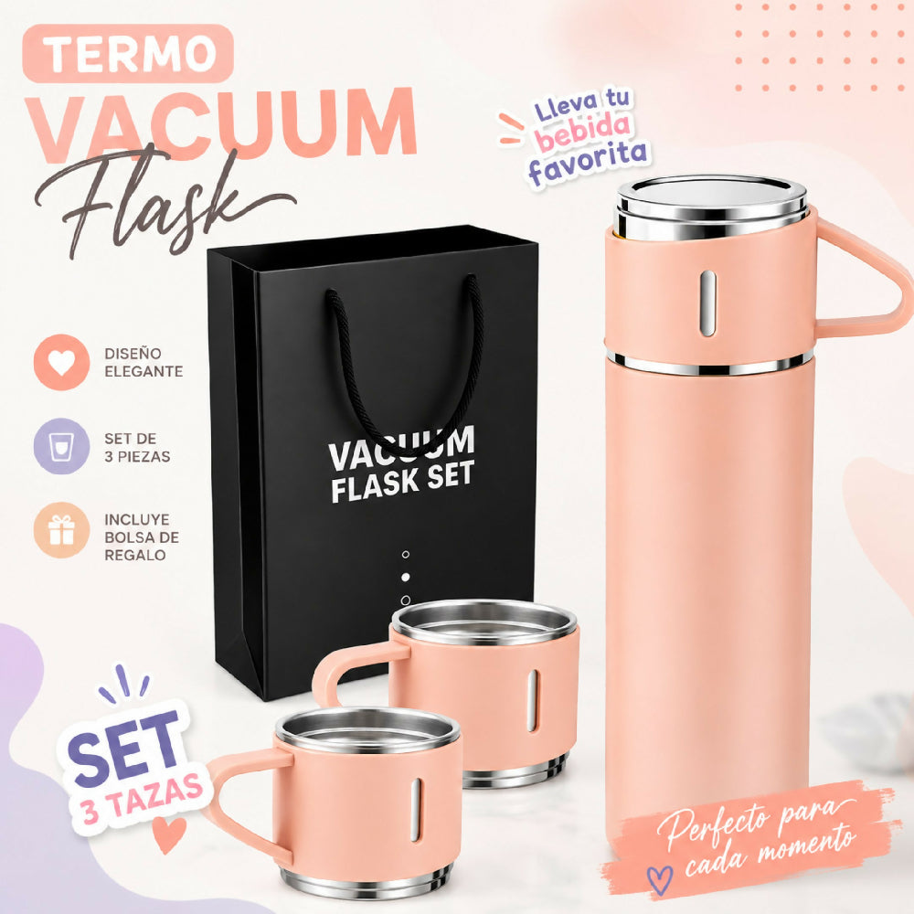 Termo De Acero Inoxidable Vacuum Flask 500ml Con 3 Tazas Vasos Incluidos Rosado
