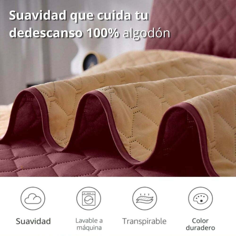 Colcha doble doble faz vino tinto camel